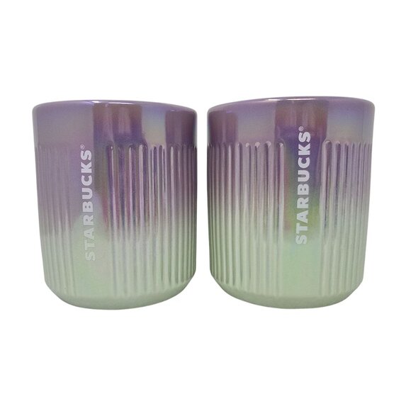 Starbucks 8 Oz Iridescent Purple Green Ombre Ceramic Cups Set of 2 Lids - Picture 1 of 12